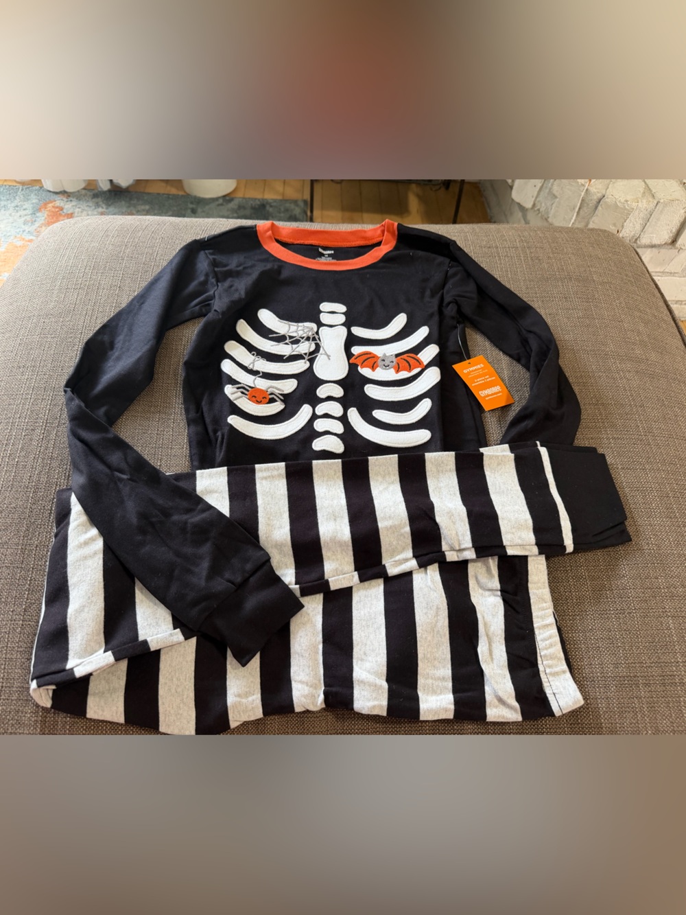 Gymboree Black & White Skeleton Stripe Long-Sleeve Top - Pumpkin Accent